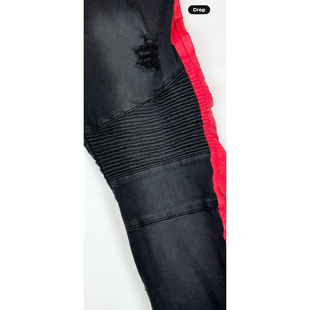 Distressed Moto Biker Jeans Mens 36 Black Red Stripe Punk Grunge Y2K Streetwear - Picture 3 of 11